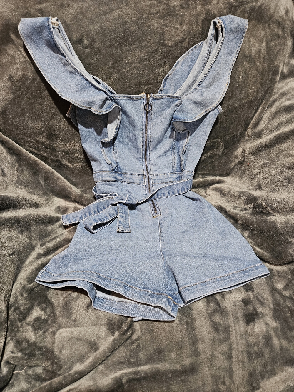 Tinseltown Light Blue Denim Ruffle Strap Romper